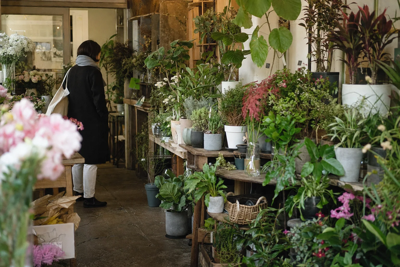 地域の花屋で植物を見る来店客