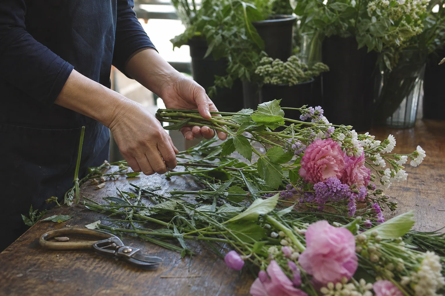 店内の作業台に並ぶ花と植物