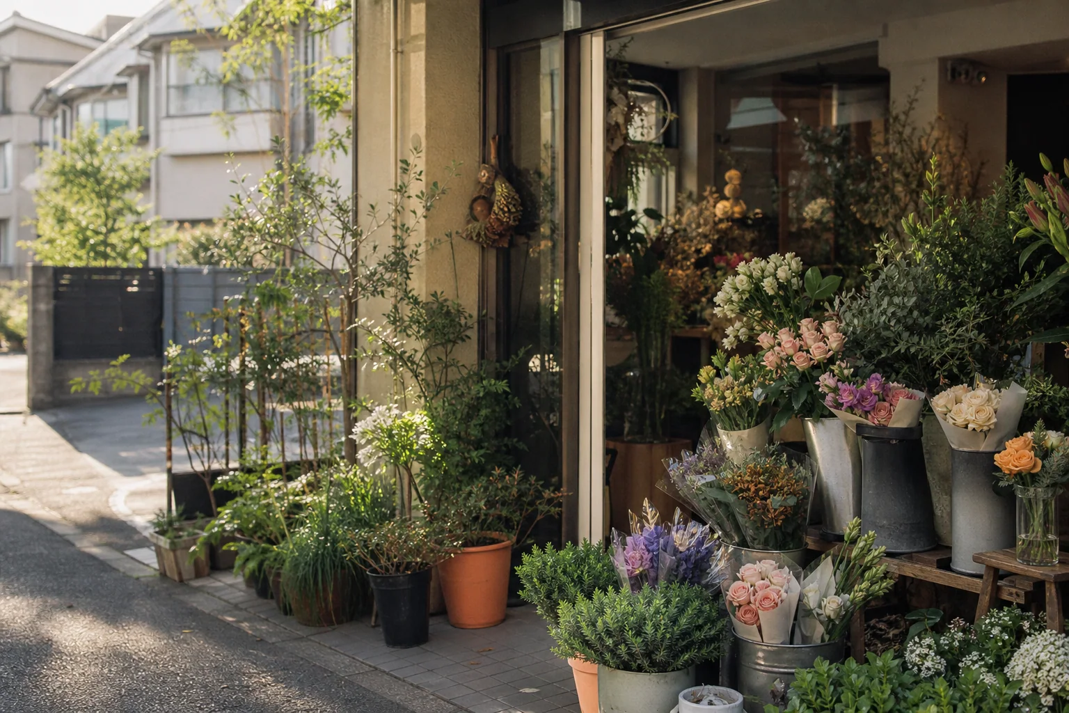 季節の花と植物が並ぶ地域の花屋