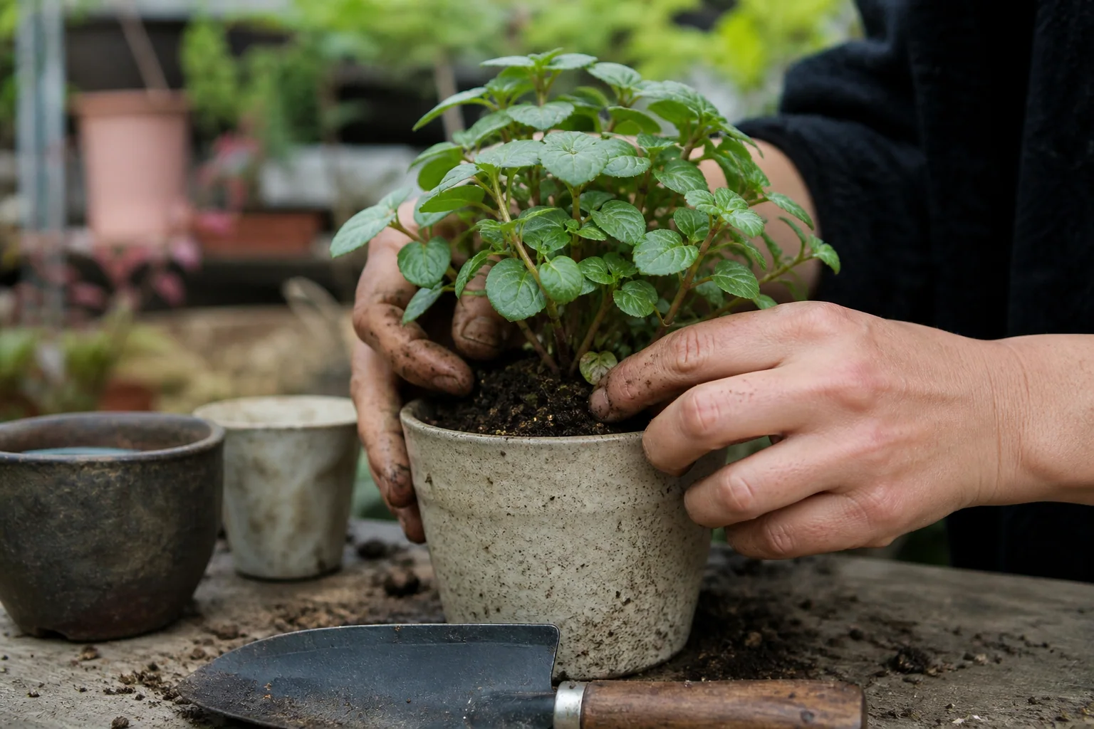 土に小さな苗を植える手