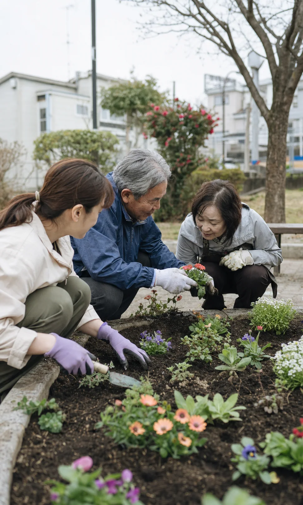 地域の花壇で植物を囲みながら活動する人たち