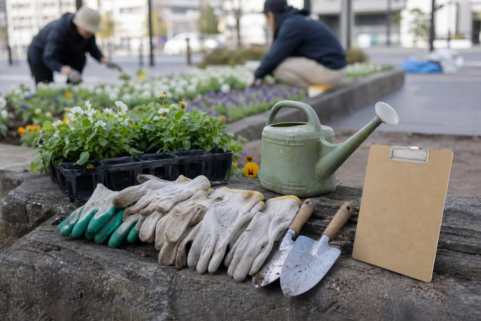 植物の手入れに使う道具と地域活動の様子